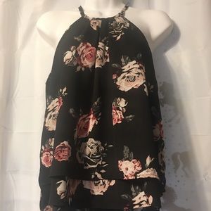 Tweed black top w pink floral